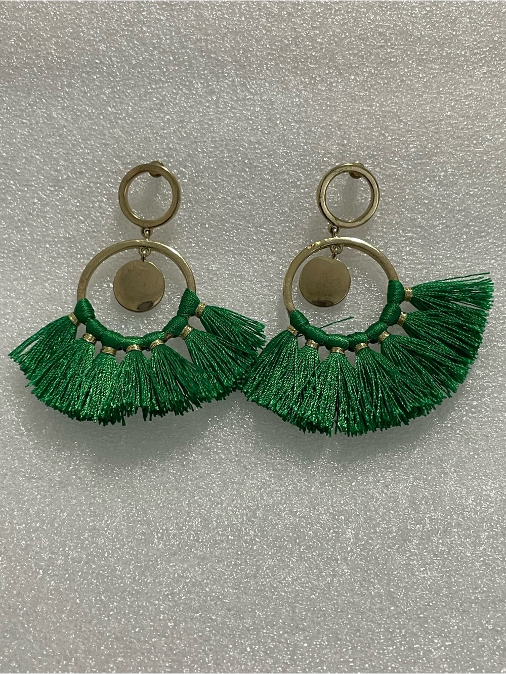 Gold Hoop Earrings with Green Tassel Fringe